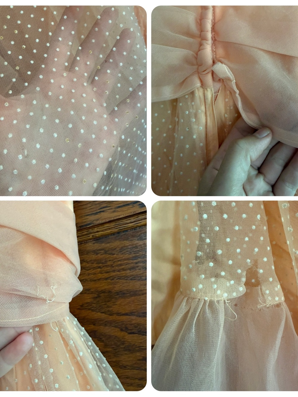 VINTAGE STUNNING Ruffle Asymmetrical Top Maxi Gown Peaches n Cream Swiss Dot 4 - Picture 12 of 12